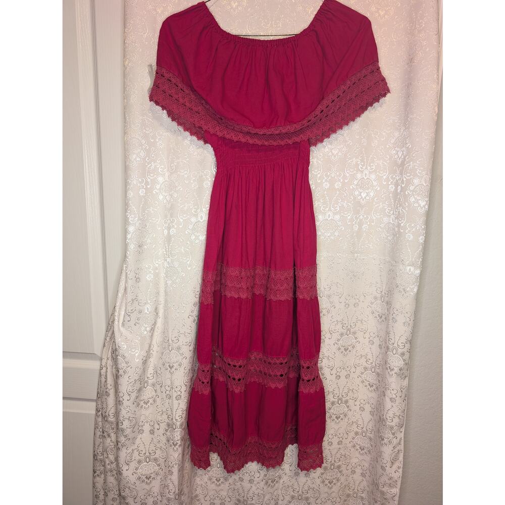 Mexican Embroidered Dress Pink Floral Off Shoulder Smocked Fiesta Midi SZ S/M - Picture 4 of 5